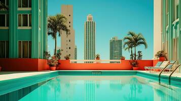 ai generiert generativ ai, surreal Miami Stadt mit Deko retro Gebäude, Rosa und Blau Farben, Sommer- Stimmung foto