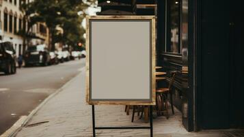 ai generiert generativ ai, Kaffee Geschäft Straße Poster oder Schild spotten oben zum Logo Design, Marke Präsentation, ästhetisch stumm geschaltet neutral Farben, auf das Mauer draussen foto