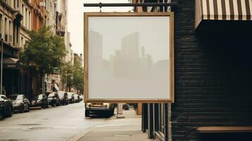 ai generiert generativ ai, Kaffee Geschäft Straße Poster oder Schild spotten oben zum Logo Design, Marke Präsentation, ästhetisch stumm geschaltet neutral Farben, auf das Mauer draussen foto