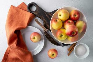 oben Aussicht von reif Äpfel auf ein Teller mit ein Messer und Serviette. selektiv Fokus. foto