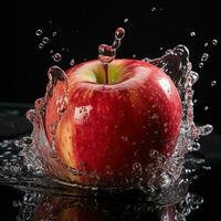 ai generiert Apfel fiel in das Wasser mit spritzt schwarz Hintergrund foto