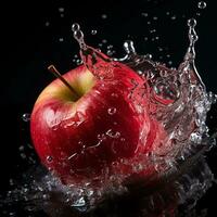 ai generiert Apfel fiel in das Wasser mit spritzt schwarz Hintergrund foto