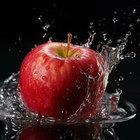ai generiert Apfel fiel in das Wasser mit spritzt schwarz Hintergrund foto