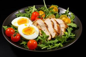 ai generiert Salat mit gegrillt Huhn, Ei und Kirsche Tomaten auf schwarz Teller foto