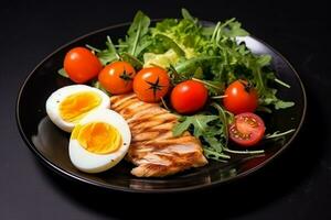 ai generiert Salat mit gegrillt Huhn, Ei und Kirsche Tomaten auf schwarz Teller foto