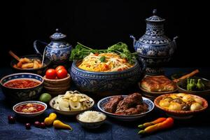 ai generiert traditionell orientalisch Geschirr mit Fleisch Gemüse und Gewürze auf das Tabelle foto
