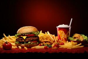 ai generiert hausgemacht Hamburger mit frisch Gemüse und Französisch Fritten auf dunkel Hintergrund foto