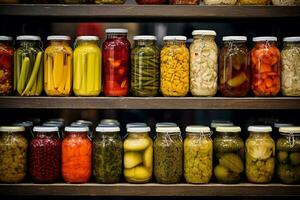 ai generiert Glas Gläser mit Vielfalt von eingelegt Gemüse und Früchte im das Küche foto