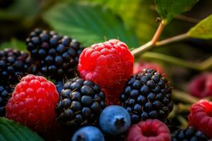 ai generiert bunt mischen von frisch Beeren im Schalen. Himbeeren, Blaubeeren, Brombeeren, Himbeeren generiert mit ai foto