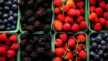 ai generiert bunt mischen von frisch Beeren im Schalen. Himbeeren, Blaubeeren, Brombeeren, Himbeeren generiert mit ai foto