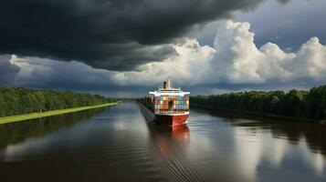ai generiert ein Container Schiff Reise durch das kiel Kanal im das Schatten von ein Regal Wolke foto