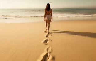 ai generiert Frau Gehen entlang das Strand mit Fußabdruck im das Sand foto