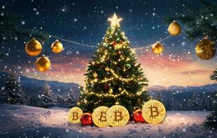 ai generiert Digital zusammengesetzt von Bitcoin und Weihnachten Baum gegen schneebedeckt Landschaft mit Tanne Bäume foto