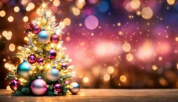 ai generiert Weihnachten Baum mit Bokeh Hintergrund. Weihnachten und Neu Jahr Hintergrund. foto
