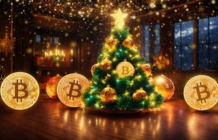 ai generiert Weihnachten Baum mit Bitcoins im das Innere von das Zimmer. Weihnachten Hintergrund. foto
