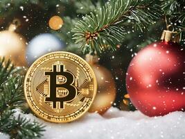 ai generiert golden Bitcoin auf Schnee mit Weihnachten Baum und Kugeln. Kryptowährung Konzept foto