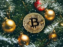 ai generiert golden Bitcoin auf das Hintergrund von ein Weihnachten Baum. Neu Jahr Konzept. foto