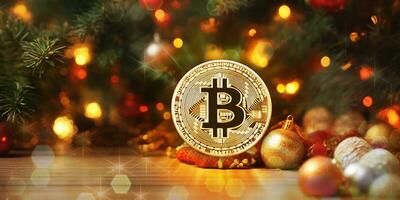 ai generiert golden Bitcoin Münze mit Weihnachten Baum und Bokeh Hintergrund. foto