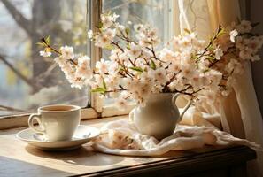 ai generiert Weiß Kaffee und Blumen auf ein Tabelle neben ein Fenster foto