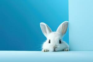 ai generiert Weiß Hase spähen beim etwas durch ein Blau Hintergrund foto