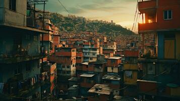 ai generiert generativ ai, Brasilianer Favelas Gemeinschaft, Panorama- Aussicht mit viele Häuser, städtisch Stadt, Dorf Arm Haus Gebäude foto