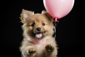 ai generiert diese süß Hündchen mit ein Rosa Herz geformt Ballon ist halten Es, foto