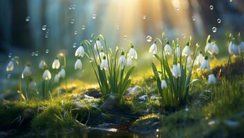 ai generiert Schneeglöckchen Blühen im Gras mit das Sonne leuchtenden auf Sie foto