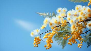 ai generiert Mimose Zweig, Blumen, Baum Zweig, Ast Rahmen Animation foto