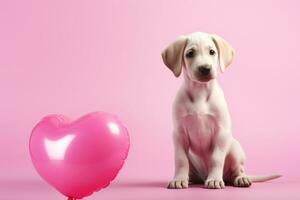 ai generiert herzförmig Rosa Ballon Hündchen Hund Stehen auf Rosa Hintergrund foto