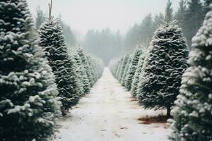 ai generiert Weihnachten Bäume Bauernhof bedeckt mit Schnee. schön Winter Landschaft. foto