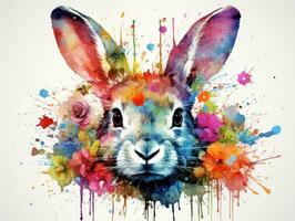 ai generiert ein Aquarell Illustration von ein Hase mit farbig Spritzer auf es foto