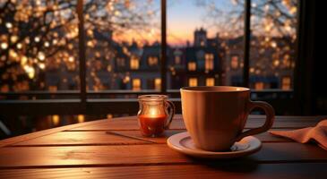 ai generiert ein Tasse von heiß überlegte Wein Sitzung auf das Fenster Schwelle foto