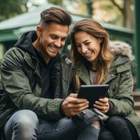 ai generiert ein Paar Sitzung auf ein Park Bank, mit ein Tablette zu machen ein Zahlung zum Konzert Tickets foto