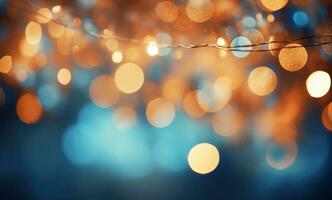 ai generiert hell zündete Weihnachten Beleuchtung und Bokeh Hintergrund Gold und Blau Bilder foto