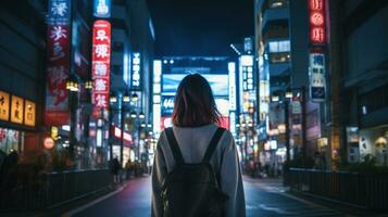 ai generiert generativ ai, schön Mädchen auf Nacht von das Neon- Straße von Japan, Cyberpunk Stil foto