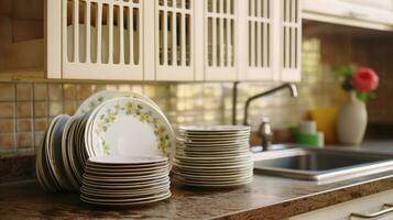 ai generiert ein Jahrgang Küche randvoll mit sauber Platten, eingebettet unter hölzern und Stein Elemente. foto