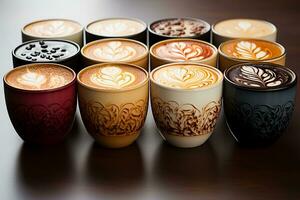 ai generiert ein Reihe von Espresso Tassen gefüllt mit frisch gebraut Schüsse von Espresso foto