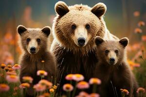 ai generiert Grizzly Mutter und zwei Jungen auf Berg Steigung foto