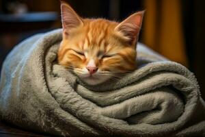 ai generiert Porträt von ein Schlafen gestreift jung Katze auf ein grau Sofa foto