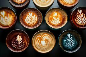 ai generiert ein Reihe von Espresso Tassen gefüllt mit frisch gebraut Schüsse von Espresso foto