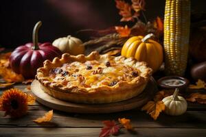 ai generiert Kürbis Kuchen mit Herbst Kürbisse und Mais auf hölzern Tafel foto