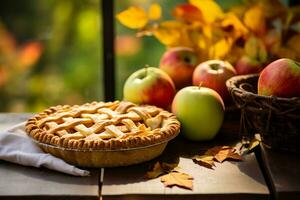 ai generiert hausgemacht Herbst Apfel Kuchen auf ein hölzern Tabelle foto