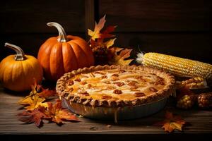 ai generiert Kürbis Kuchen mit Herbst Kürbisse und Mais auf hölzern Tafel foto