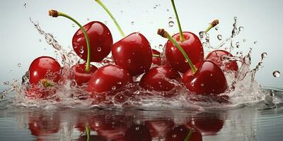 ai generiert frisch reif Kirsche mit Spritzen Wirkung, saftig und lecker Frucht, gesund Essen foto