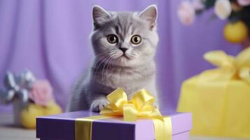 ai generiert Katze Kätzchen mit Geschenk Kasten, ai foto