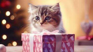 ai generiert Katze Kätzchen mit Geschenk Kasten, ai foto