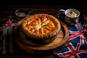 ai generiert traditionell hausgemacht britisch Fleisch Kuchen foto