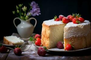 ai generiert Scheibe von Gourmet frisch Beere Kuchen foto