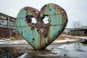 ai generiert ein groß Herz Skulptur im ein verlassen industriell Bereich. foto