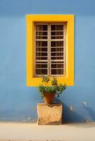 ai generiert ein Blau und Gelb Gebäude mit ein Pflanze im Vorderseite von es foto